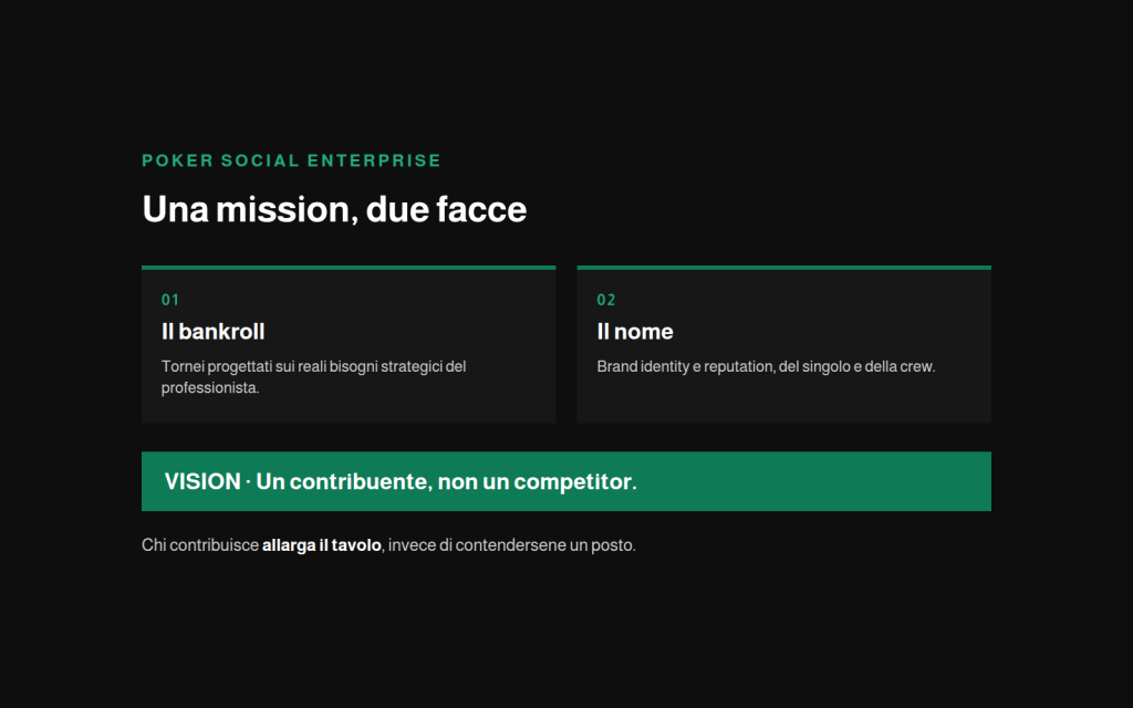 Le due facce della mission — il bankroll e il nome — e la vision: un contribuente, non un competitor.