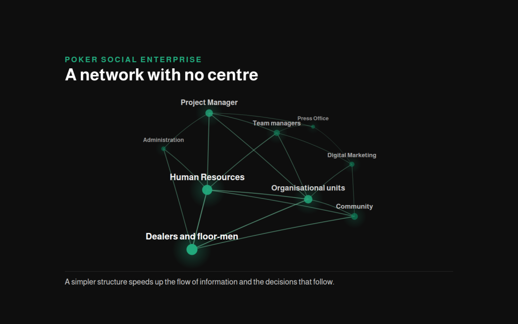 Network diagram of the relationships in the Poker Social Enterprise, with no hierarchical centre